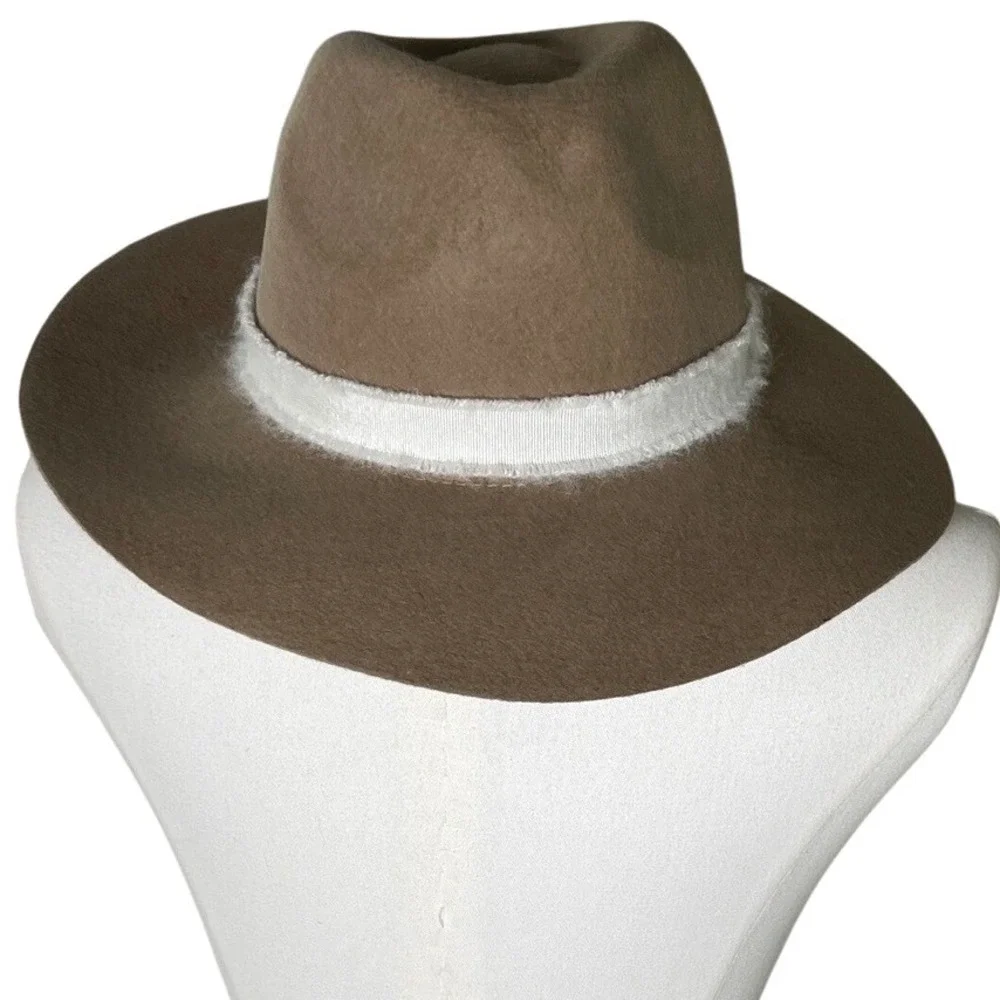 Wide Brim Rancher Fedora Hat Tan‎ Wool Felt White Band Boho Western OS